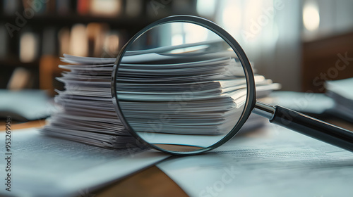 The stack of documents under magnifying glass