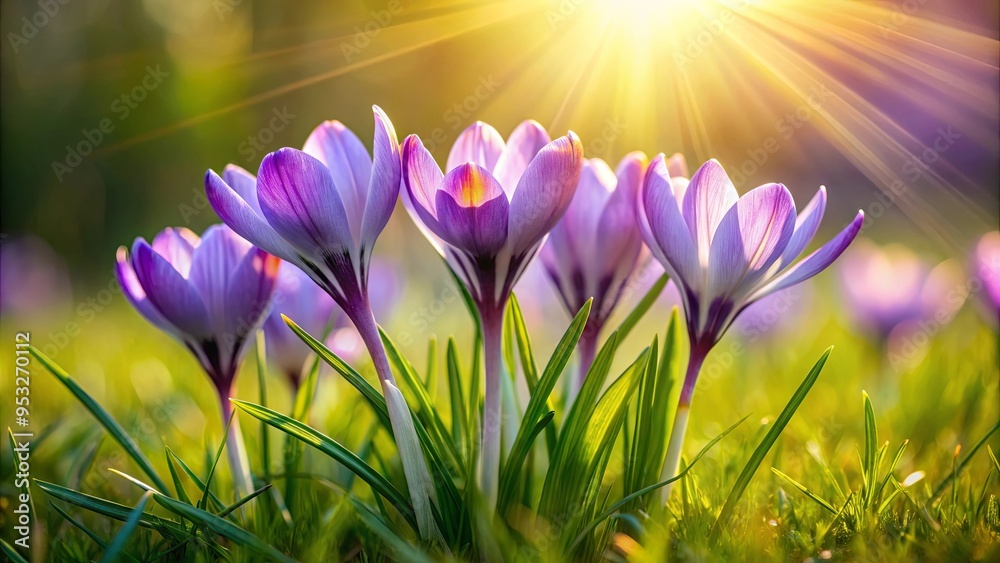 Crocus blossoms in the sunlight on green grass Crocus blossoms in the sunlight on green grass