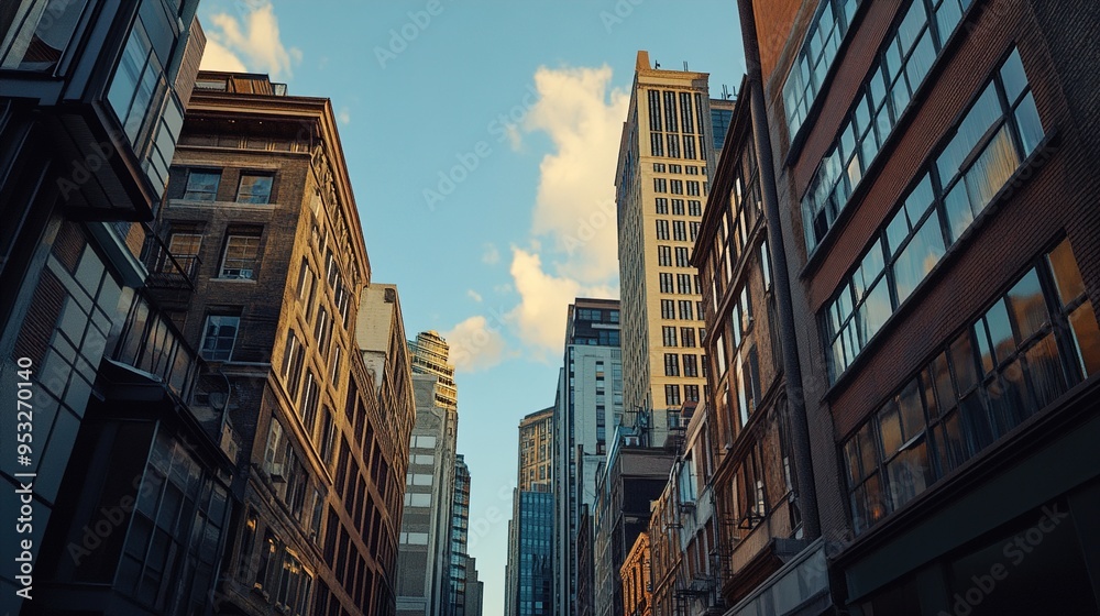 Fototapeta premium A photograph capturing an upward view of tall buildings lining a narrow urban street. The architectural styles vary, featuring a mix of classic brick facades and modern glass-front structures, creatin