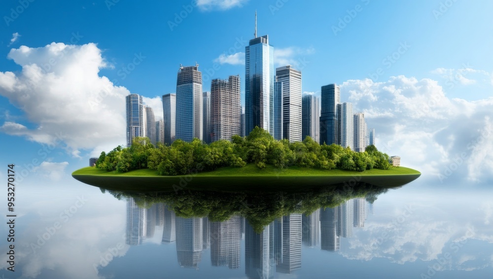 Fototapeta premium A Floating Island With Green Trees And Buildings In The City