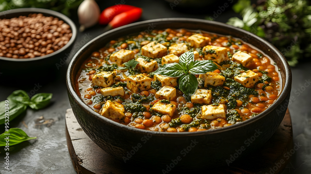 Closeup of a bowl of lentil stew with tofu and herbs. Closeup of a bowl of lentil stew with tofu and herbs.
