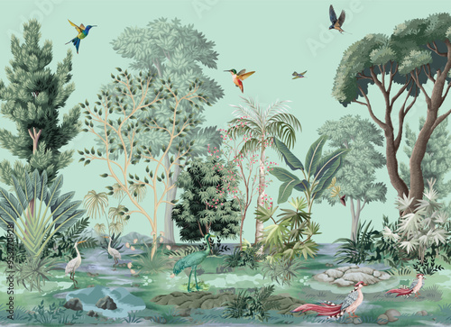 Palazzo wallpaper, Mughal wall paper, Birds, Tree, Watercolor background.