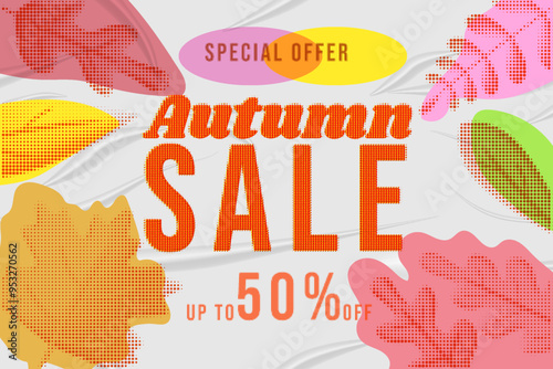 Autumn Sale glued paper with wrinkles effect riso, halftone, banner