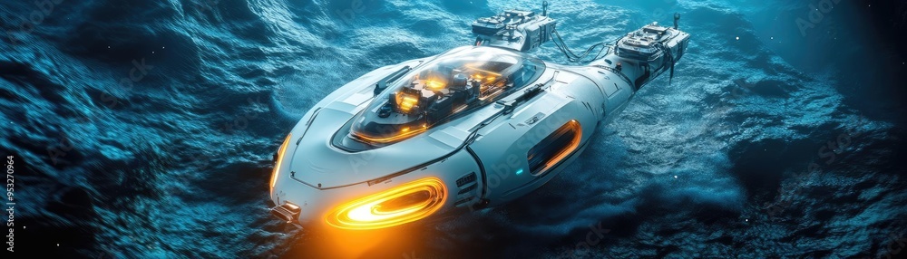 Futuristic underwater exploration vehicle, with glowing lights and robotic arms, navigating a deep-sea trench, 3D illustration Futuristic underwater exploration vehicle, with glowing lights and robotic arms, navigating a deep-sea trench, 3D illustration