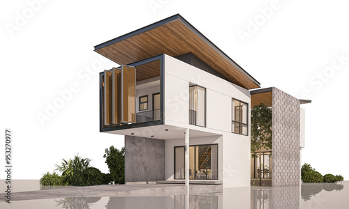 Architecture 3d rendering illustration of modern minimal house on white background