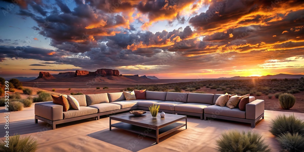 Fototapeta premium Majestic twilight ambiance over sleek sectional sofas in rust-toned desert landscape
