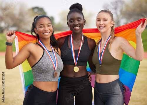 Fototapeta Naklejka Na Ścianę i Meble -  Athlete, together and medal in portrait with flag, rainbow or support for LGBTQ, human rights or equality. Women, people and champion with team, sign or solidarity for win at global sport competition