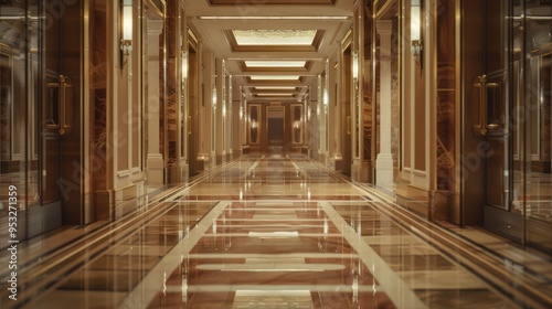 perspective shot from the mirror's reflection, capturing the hallway's symmetrical architecture and serene ambiance