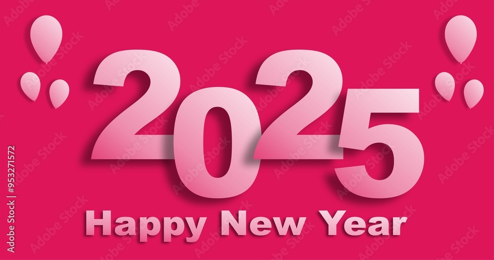 Happy new year 2025 design. With pink background and white balloon illustrations
