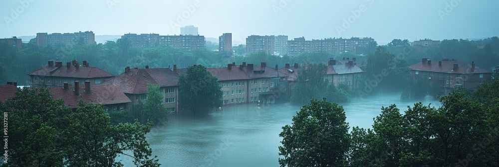 Fototapeta premium Flooded Cityscape During Heavy Rainfall.
