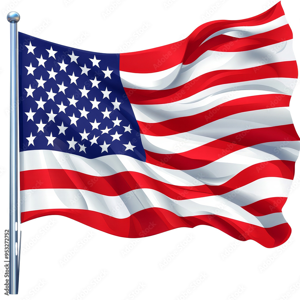 Fototapeta premium The red, PNG, and blue American flag is shown billowing gracefully, representing national pride and identity, american usa flag illustration on transparent background