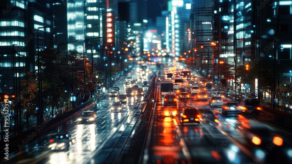 Fototapeta premium A bustling city street at night, with numerous vehicles creating a vibrant scene of city life. The wet road reflects the colorful lights from the buildings, streetlights, and car headlights, adding to