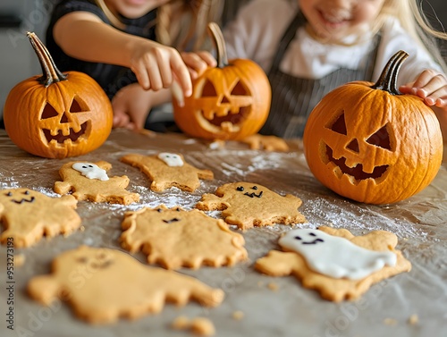 Kids Baking Halloween Pumpkin Cookies And Decorating Jack O Lanterns