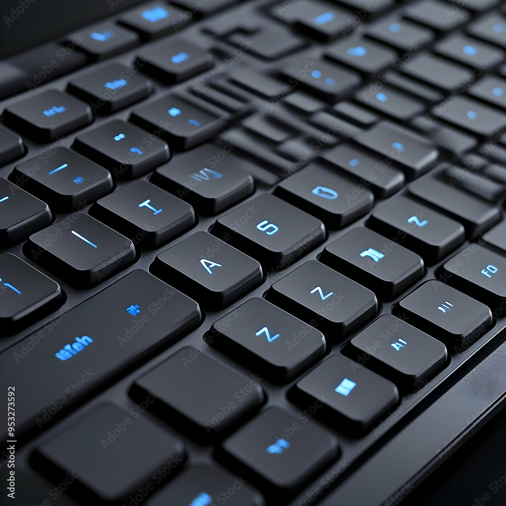 Closeup of Black Keyboard with Blue Backlit Keys Closeup of Black Keyboard with Blue Backlit Keys