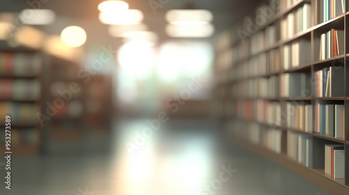 A blurred view of a library with bookshelves, creating a serene and studious atmosphere.