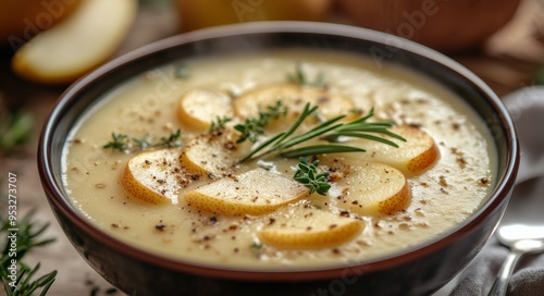 Wallpaper Mural Creamy potato soup garnished with fresh herbs and sliced apples in a rustic bowl Torontodigital.ca