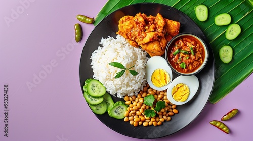 A plate of Nasi Lemak, a popular Malaysian dish consisting of fragrant rice cooked in coconut milk, served with chicken rendang, hard-boiled eggs, cucumbers, and anchovies. photo