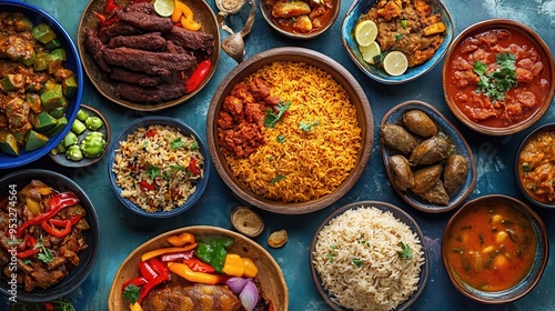 A table full of traditional Nigerian food with many different dishes, including rice, beans, and meat