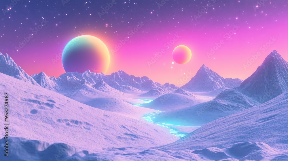A surreal landscape featuring two planets and a snowy terrain under a starry sky. A surreal landscape featuring two planets and a snowy terrain under a starry sky.