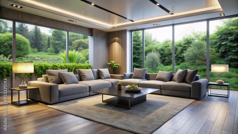 Modern minimalist lounge showcasing sleek gray sofas, floor-to-ceiling windows, and intelligent ambient lighting that adapts to occupant's mood, blending technology and nature seamlessly. Modern minimalist lounge showcasing sleek gray sofas, floor-to-ceiling windows, and intelligent ambient lighting that adapts to occupant's mood, blending technology and nature seamlessly.