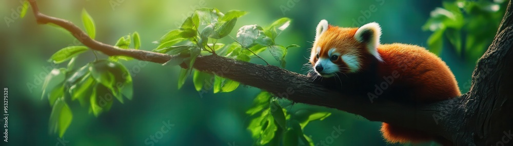 A red panda resting on a tree branch amidst vibrant autumn foliage, showcasing the beauty of nature and wildlife A red panda resting on a tree branch amidst vibrant autumn foliage, showcasing the beauty of nature and wildlife
