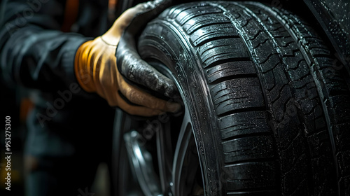 Close-up of a hand inspecting a wet car tire.