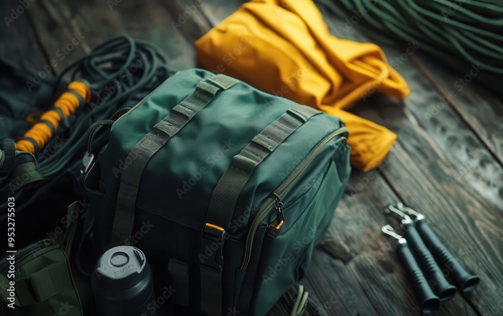 Outdoor adventure gear including a green backpack, ropes, water bottle, and orange clothing on wooden surface. Outdoor adventure gear including a green backpack, ropes, water bottle, and orange clothing on wooden surface.