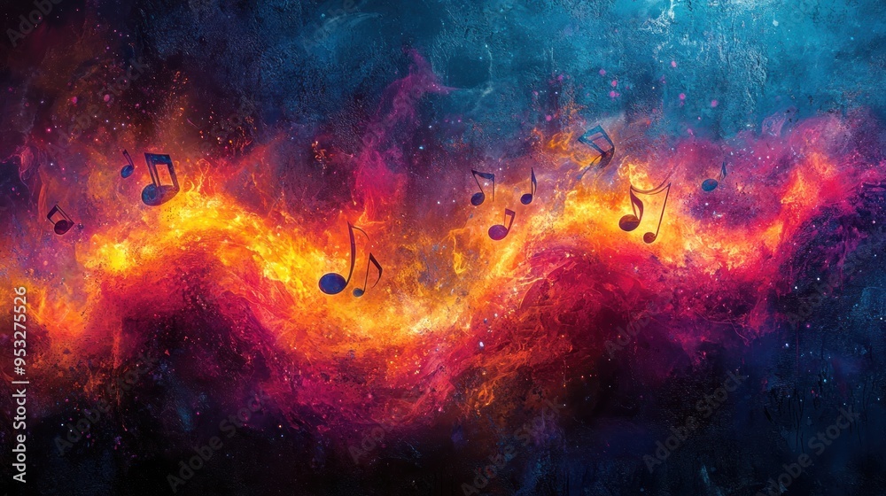 A vibrant cosmic scene with musical notes floating through space. A vibrant cosmic scene with musical notes floating through space.