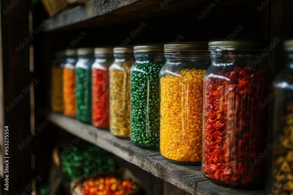 Row of colorful jars filled with vibrant spices on a dark wooden shelf in a rustic setting, showcasing variety and vivid colors. Row of colorful jars filled with vibrant spices on a dark wooden shelf in a rustic setting, showcasing variety and vivid colors.