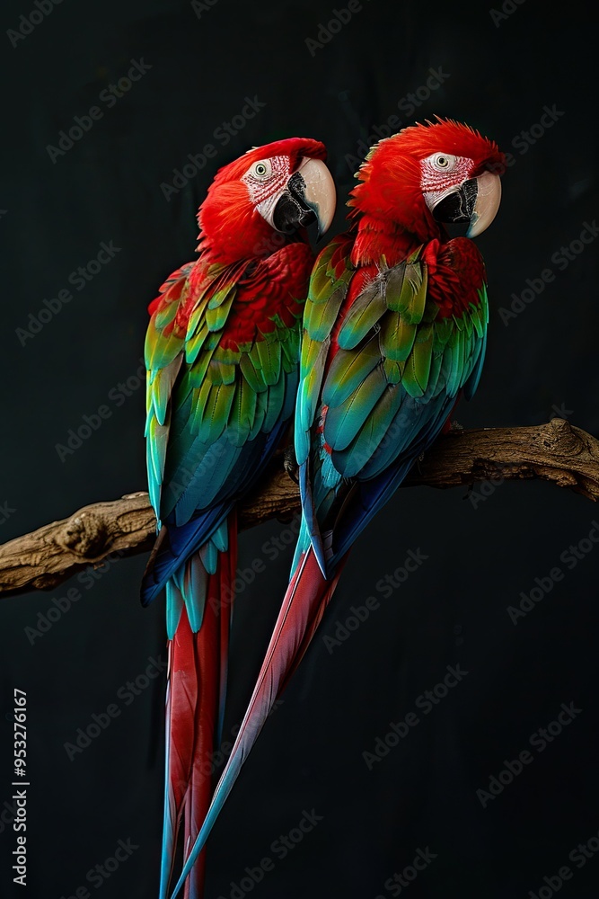 Fototapeta premium Two red and green macaws perched on a branch against a dark background.