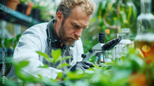 Professional Caucasian botanist scientists elderly senior man is research information of plant growth and genetics in microscope in a greenhouse at Plant Science laboratory photo