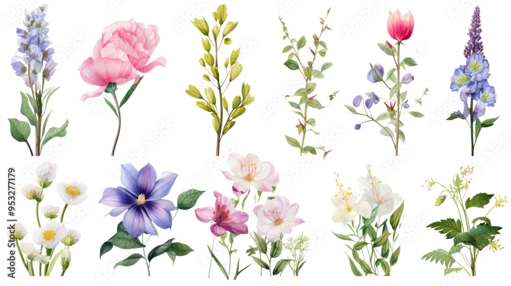 Set of watercolor wildflowers painting isolated on clear png background and transparent background. Fresh and nature concept for nature decorative and flower element, AI generative.
Set of watercolor wildflowers painting isolated on clear png background and transparent background. Fresh and nature concept for nature decorative and flower element, AI generative.