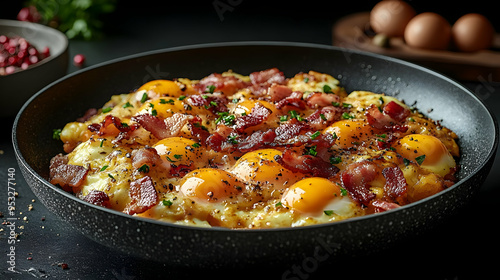 Closeup of a pan of fried e...