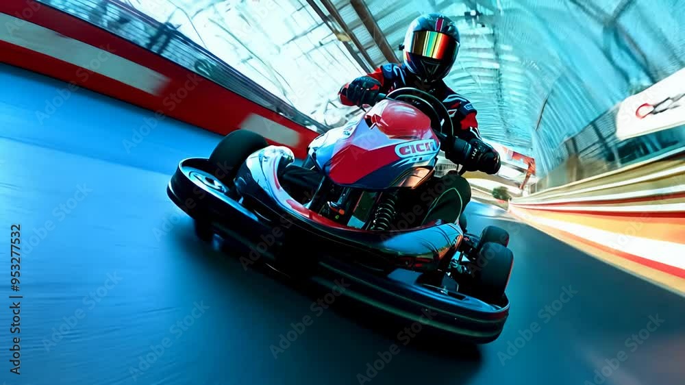 Racer in a red and black suit driving a go-kart on an indoor track