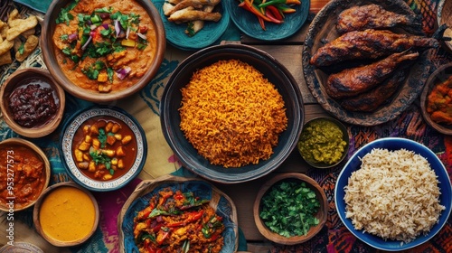 A table full of traditional Nigerian food with many different dishes, including rice, beans, and meat