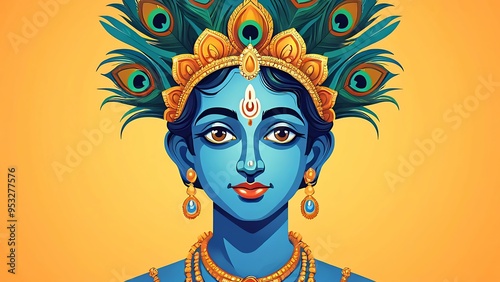 Colorful portrait of Krishna in a golden crown adorned with peacock feathers, vibrant cartoon style on an isolated background, new beautiful stock image illustration AI