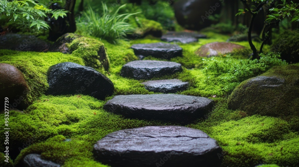 Tranquil garden path with stepping stones surrounded by lush greenery during daylight Tranquil garden path with stepping stones surrounded by lush greenery during daylight
