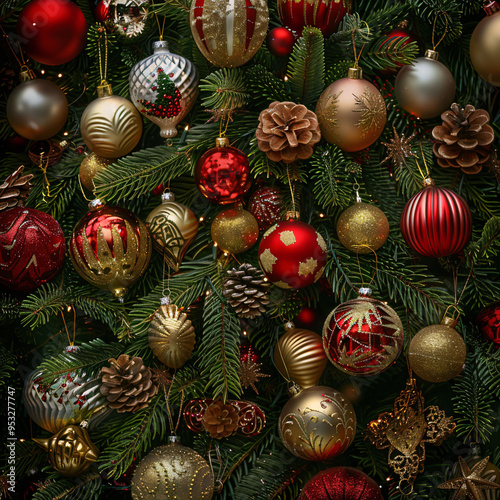 A festive arrangement of Christmas ornaments in red, gold, and silver, nestled among pine branches, creating warm holiday atmosphere.