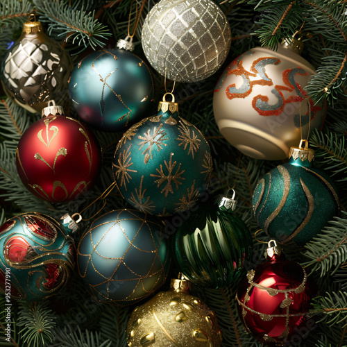 Colorful Christmas ornaments nestled among evergreen branches create festive atmosphere.