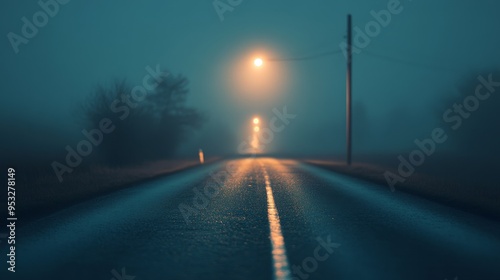 A misty road illuminated by streetlights, creating an eerie and tranquil atmosphere.