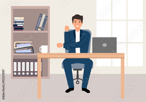 Happy businessman exercising during break by the desk in the office. 