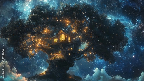An enchanting treehouse is nestled among the branches of a gigantic, ancient tree that stretches high into a star-lit night sky. The treehouse, glowing warmly with light from within, appears both whim
