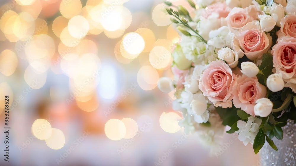 A beautiful bouquet of pink roses and white flowers with a soft, blurred background of lights, perfect for celebrations.