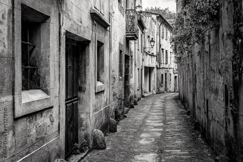 Old streets of the picturesque village of Mondenedo where pilgrims pass on the Camino de Santiago, Galicia. Black and White photo.