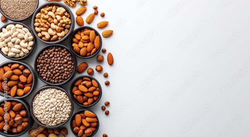 A colorful array of nuts and seeds displayed in bowls on a white background A colorful array of nuts and seeds displayed in bowls on a white background