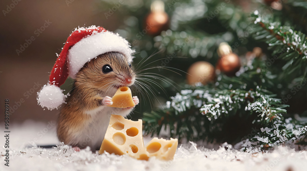 A tiny mouse wearing Santa hat joyfully holds piece of cheese near decorated Christmas tree. A tiny mouse wearing Santa hat joyfully holds piece of cheese near decorated Christmas tree.