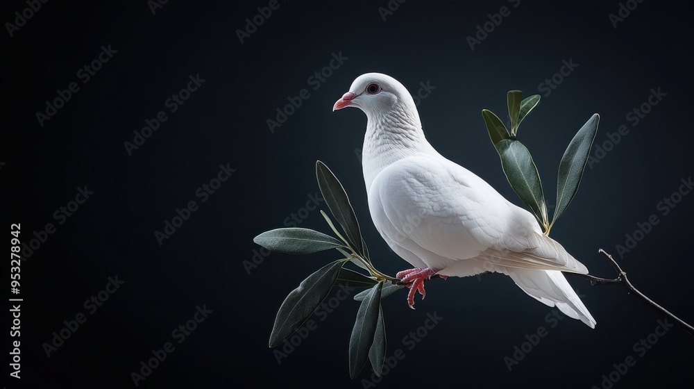 Obraz premium A white dove resting on a branch with an olive leaf in its beak, symbolizing peace and reconciliation