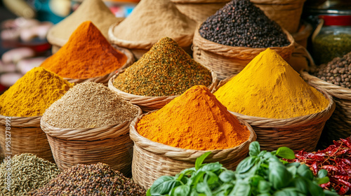 A vibrant scene of a traditional spice market, with colorful mounds of turmeric, cumin, chili powder, and saffron, displayed in woven baskets, surrounded by fresh herbs