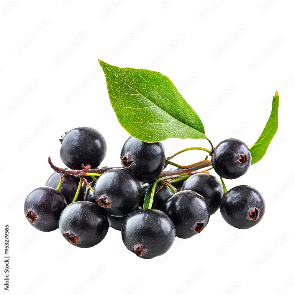 A cluster of ripe aronia berries with green leaves, displayed on a clean transparent background, emphasizing their freshness, aronia berries and branches isolated transparent background A cluster of ripe aronia berries with green leaves, displayed on a clean transparent background, emphasizing their freshness, aronia berries and branches isolated transparent background