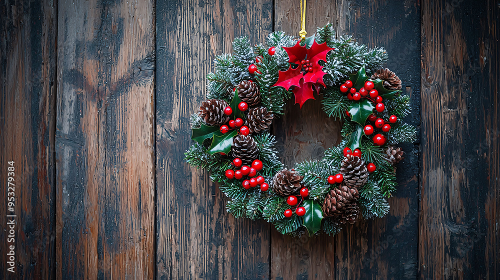A beautiful wreath made of holly and pinecones, adorned with red berries, hanging on rustic wooden wall. A beautiful wreath made of holly and pinecones, adorned with red berries, hanging on rustic wooden wall.